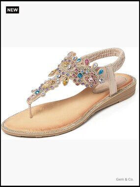 Women Rhinestone Beaded Elastic Strap Flat Sandals Bridal Wedding Summer